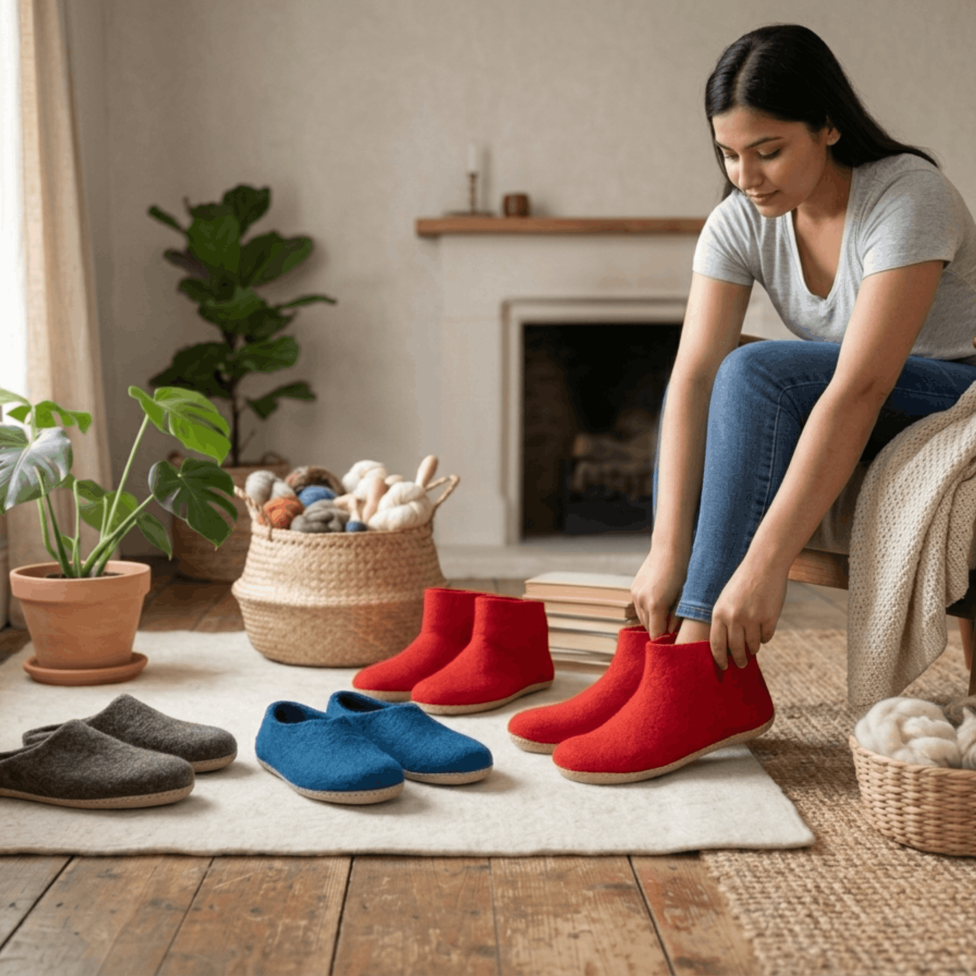 Collection of handmade felted shoes including slippers boots and ankle boots